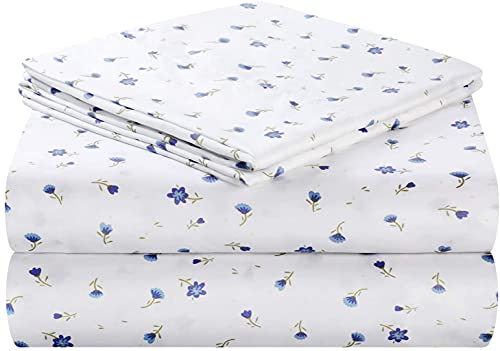 HOMEIDEAS 4 Piece Bed Sheets Set, Extra Soft Brushed Microfiber Fabric Bedding Sheets, Wrinkle & Fade Free - Flat Sheet, Fitted Sheet with 2 Pillowcases(King, Blue Floral)