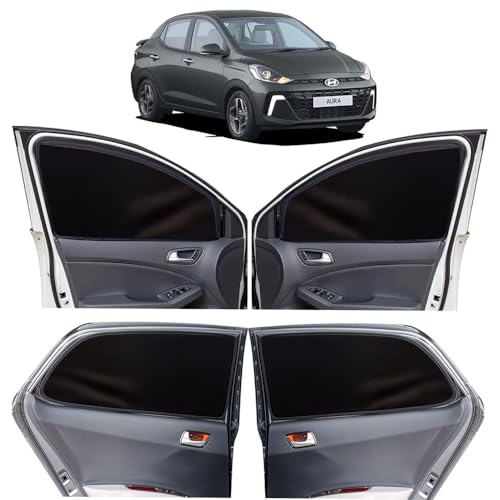 Image of OTO2EYE Car Sun Shade Compatible for Hyundai Aura Model 2023 to 2025, Z-Black Super Magnetic Grip, Front Window Zipper, Side Window Curtains, 4 Pieces Set