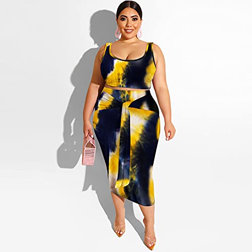 Image of Plus Size Women 2 Piece Outfits Sets Sexy Tracksuit Midi Dress,Sleeveless Tank Top Bodycon Skirts Set Casual Summer