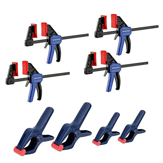 WORKPRO Clamp Set for Woodworking, 4-Pack 115 mm Mini Bar Clamps and 4-Pack Spring Clamps, Light-Duty with Max 23 kg Load Limit, One Handed
