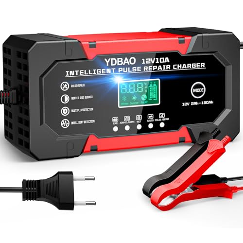YDBAO Caricabatterie Auto 10A 12V Carica Batteria per Auto Moto Intelligente Multi Protezioni Riparazione di Moto Auto con Schermo LCD per AGM LiFePO4