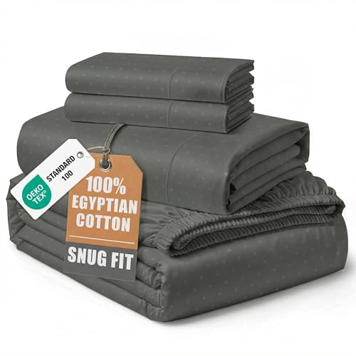 Image of LANE LINEN Sheets Queen Size Bed Set Cotton Sateen Weave - Dark Grey | Cream Sheets Queen - 4-Piece Set, For A Luxurious Night's Sleep, For Guests And Everyday Use, Guest-Ready Comfort
