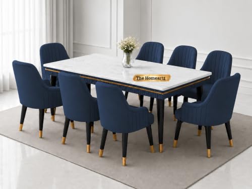 Image of Elara Modern Dining Table Set 8-Seater Wooden Dining Table Set | 1 Year Warranty | Nano Composite Marble Marble Top Table with 8 Chairs (Navy Blue)