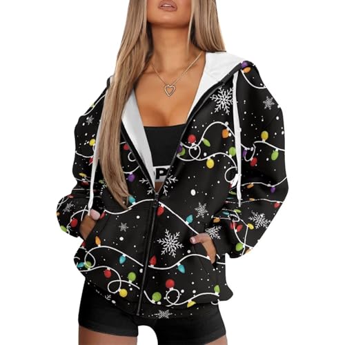 Wismoutput Christmas Snowflake Lights Womens Zip Hoodies Oversized Long Sleeve Casual Sweatshirts with Pockets Loose Fit Workout Hooded Sweatshirt, M