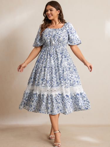 Image of RWJ Women's Plus Size Maxi Dress Short Sleeve Square Neck Flowy A-Line Lace Trim Flutter Party Casual Off Shoulder Dresses