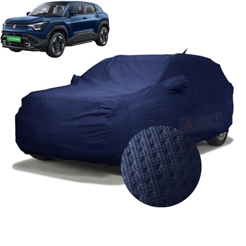 Image of ASCOT, CAR COVER Premium 3-Layer Waterproof & Heat-Resistant Car Cover for Maruti Suzuki Nexa e VITARA | UV Shield, Dustproof, Stormproof, Cotton Lining | Mirror Pockets (e VITARA DELTA, TIEBOND BLUE)