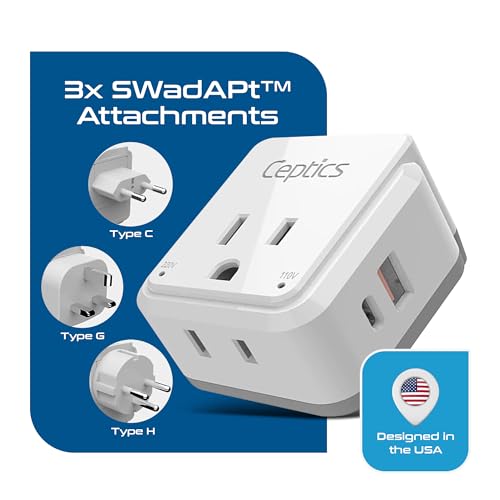 Image of Ceptics Israel, Jordan Power Plug Adapter Travel, 20W PD & QC, Safe Dual USB & USB-C 3.1A -2 USA Socket - Use in Jerusalem, Palestine, UAE - Includes Type H, Type C, Type G Swadapt Attachments
