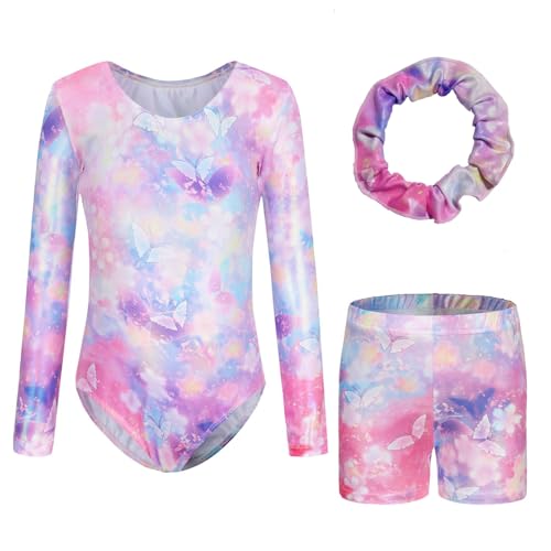 Sinoeem Justaucorps de Gymnastique pour Fille à Manches Longues/sans Manches,Vêtements de Danse de Ballet. (B132set-Butterfly-Long, 5-6 ans)