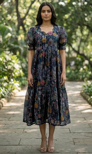 Image of Sun Fashion And Lifestyle Chanderi Printed Dress for Women | Western Dresses for Women | One Piece Midi Dress | Fit and Flare Dress | A-line Dress (KT74 Blue)