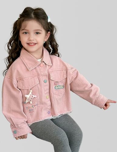 2-8Years Girls Pink Denim Jacket Kids Jeans Jacket Classic Long Sleeve Jacket Blue Loose Collared Jean Coat Cute Top4