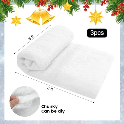YEXEXINM 3 Pack 3 x 8 Ft Christmas Snow Blankets, Artificial Cotton Snow Blanket, White Thickened Cotton Rolls Winter Fluffy Fake Snow Sheet for Christmas Village Backdrop Decorations Party Display