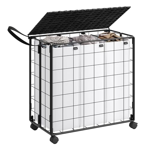 SONGMICS Laundry Hamper, 130L Laundry Basket with Lid, Clothes Hamper with Wheels, Collapsible Removable Liner Bag, Iron-Made Laundry Sorter, Ink Black and Cloud White ULCB313B12