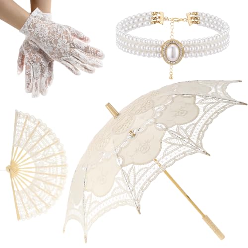 Locmeo 4 Pcs 32'' White Vintage Lace Parasol Umbrella Handheld