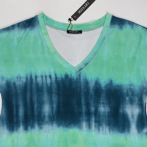 Huskary Women's Summer Maxi Dress Casual Loose Pockets Long Dress Short Sleeve Split -Tie Dye #TOP2