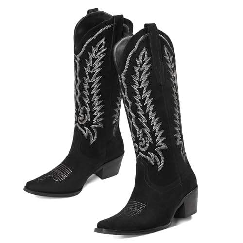Image of Tscoyuki Cowboy Boots for Women: Embroidered Western Knee High Boots Women - Pointed Toe Chunky Heel Cowgirl Tall Boots