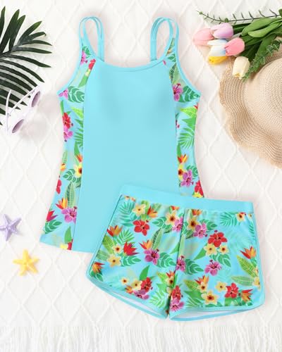 Image of Teen Girls Tankini Swimsuit Adjustable Straps Modest Bathing Suits Girl 2 Piece Swimwear with Shorts 7-16 Years