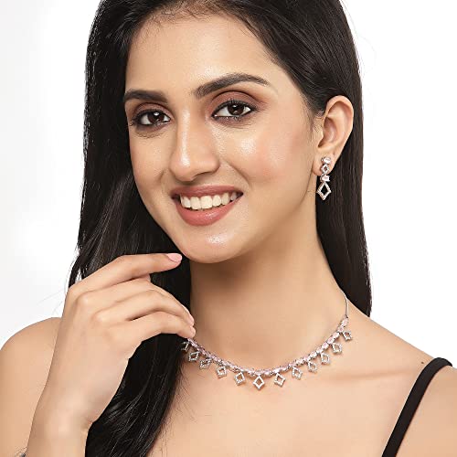 Rhodium-Plated Rectangle Shape AD Necklace Earring Set