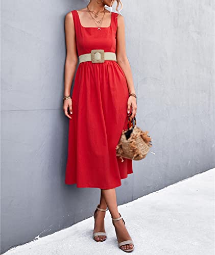 Image of xxxiticat Women's Square Collar Casual Dress Sleeveless Pleated A-Line Summer Beach Boho Elegant Backless Midi Dress