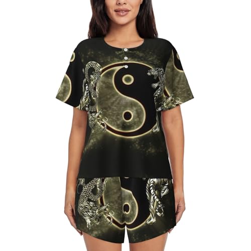 Pyjama Yin Yang dragon tigre pour femme | Ensemble 2 pièces col rond