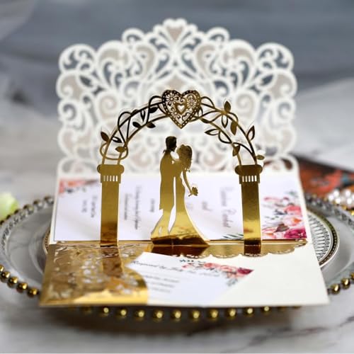Carte de mariage 3D pop-up dorée – Élégante carte de félicitations pour mariage, invitations et cadeaux de mariage pour les mariés, carte pop-up...