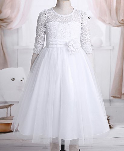 FEESHOW Floral Lace Flower Girl Dress Half Sleeved First Communion Wedding Bridesmaid Party Prom Gown3