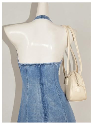 WDIRARA Women's Bow Halter Mini Jean Dress Lace Trim Sleeveless Backless Denim Dresses2
