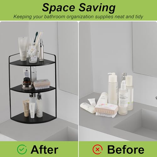 Image of 3 Tier Corner Bathroom Counter Organizer, Countertop Organizer, Makeup Organizer Countertop, Bathroom Storage Sink Shelf, Wooden and Metal Counter Shelf (Large Capacity-Black)