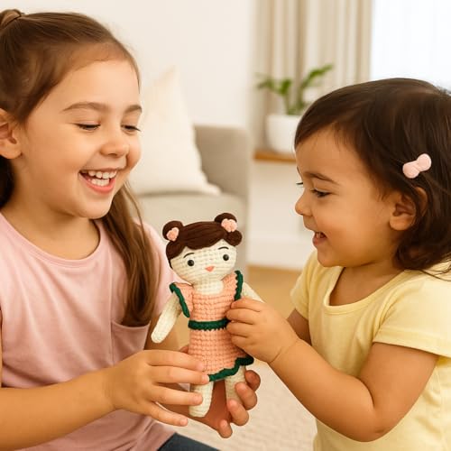 Image of Sutra Handmade Crochet Doll in Peach & Green Dress | Wool Amigurumi Soft Toy | Handmade Gift for Kids, Nursery & Home Decor