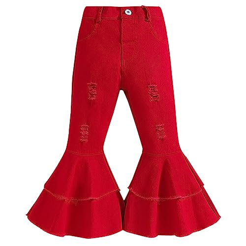 IWEMEK Toddler Girls Ruffle Ripped Jeans Bell Bottom Flare Pants Ripped Denim Leggings Trousers Elastic Waist Ruffle Pants
