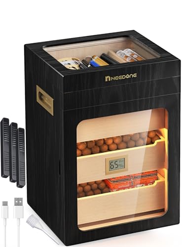 NEEDONE Cigar Humidor, Desktop Humidor Box Case, Wooden Cabinet for 150 Counts w/ 3 Humidifier, 3 Spanish Cedar Wood Drawer, Hygrometer, LED Lighting Cigar Accessories, Gifts for Men Father's Day