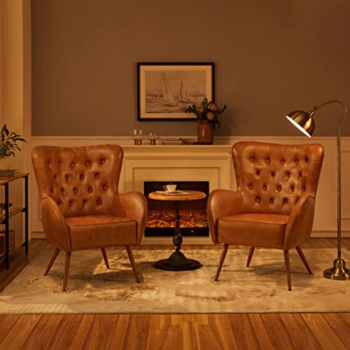 Yaheetech Leather Armchair, Deluxe And Modern Accent Chair Living Room Chair Single Sofa Chair Cozy With High Back And Pocket Coil Seat For Bedroom Home Office, Brown, Set Of 2 #TOP4