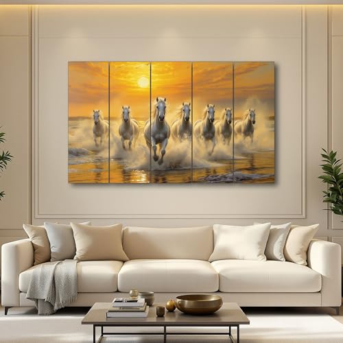 Image of The Castle Decor Running Horses with Rising Sun Vastu Painting | Wooden Frame Multi-Panel Wall Art for Living Room (Multi Color - Design 6, 27x48 Inch)