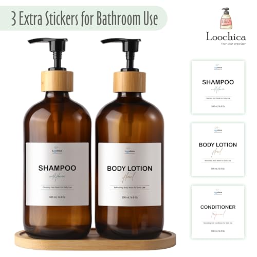 Image of LOOCHICA Amber Glass Soap Dispenser Set with Tray, Amber Dish and Hand Soap Dispenser Set, Refillable Reusable Apothecary Soap Pump Dispenser Bottles for Bathroom and Kitchen