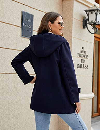 Paodikuai Women's Wool Blend Hooded Toggle Duffle Coat Casual Wool Coats Winter Outwear (B-Quilted-Navy, Large) #TOP5