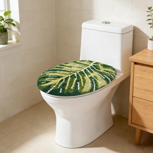 FYSUIMU Palm Leaf Toilet Lid Cover Green Monstera Toilet Seat Cover with Adjustable Rubber Backing for Most Lids Summer Tropical Bathroom Decoration