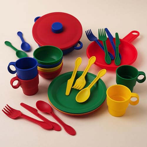 image for KidKraft 27-Piece Primary Colored Cookware Set, Plastic Dishes and Ute