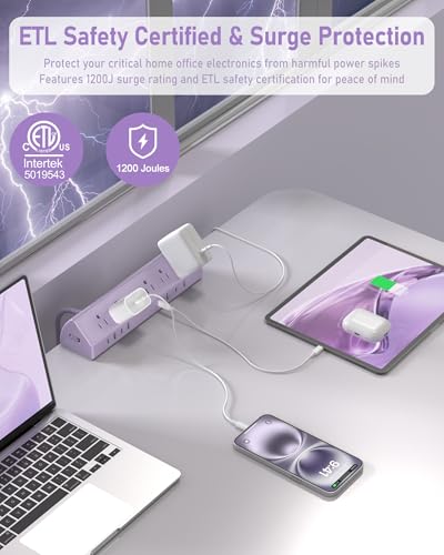 Image of Jgstkcity Desk Clamp Power Strip USB C 65W,Surge Protector,Purple | Surge Protector,5 Outlets,1875W Extension Cord,ETL Listed,Outlet Extender Desk Organizer,Office,Gaming,Dorm