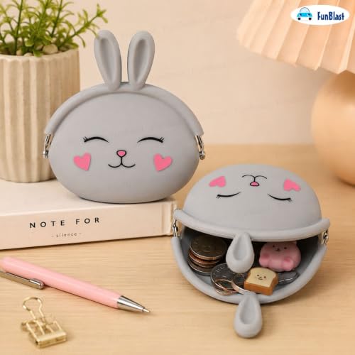 Image of FunBlast Cute Bunny Shape Silicone Coin Purse for Kids & Adults - Mini Pouch for Coins, Earphones, Keys & Small Essentials, Aesthetic Pouches for Girls & Women - 12 X 9.5 X 3 Cm (Bunny-Grey)