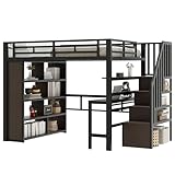 SOFTWEARY Hochbett mit RGB LED-Streifen, Schreibtisch, Bücherregal, Lattenrost, Treppe, Rausfallschutz, Metallbett, Kinderbett (schwarz, 140x200 cm)