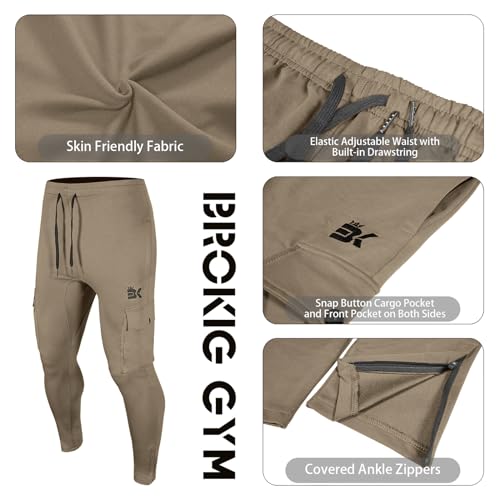 BROKIG Mens Cargo Gym Jogger Trousers, Running Tracksuit Bottoms, Sport Workout Sweatpants with Pockets (S, Beige) - Image 5