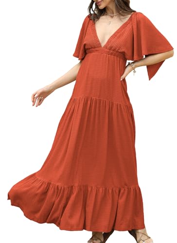 Image of Kikibell Women Summer Dresses Sexy V-Neck Maxi Dress Tiered Silhouette with Flutter Sleeve Backless Elastic Waist Flowy Dress