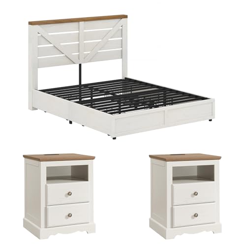 Image of AMERLIFE 3 Piece Bedroom Set Including Farmhouse Full Size Bed Frame with 4 Drawers, Nightstands Set of 2 with Charging Station for Bedroom, White