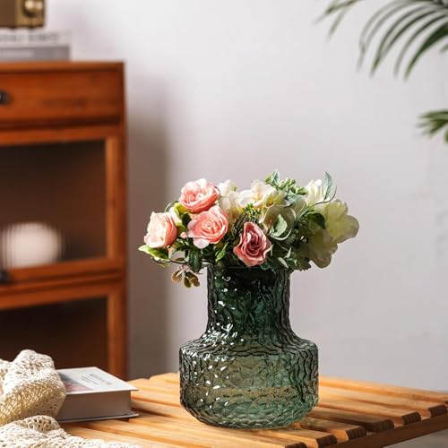 Image of Incrizma Dark Green Glass Vase for Bouquet of Flowers, Ribbed Fluted Vase for Centerpieces, Mushroom, Living Room, Dinning Table, Entryway, Mantle, Shelf, Pampas Grass Vase (20 cm, Green)