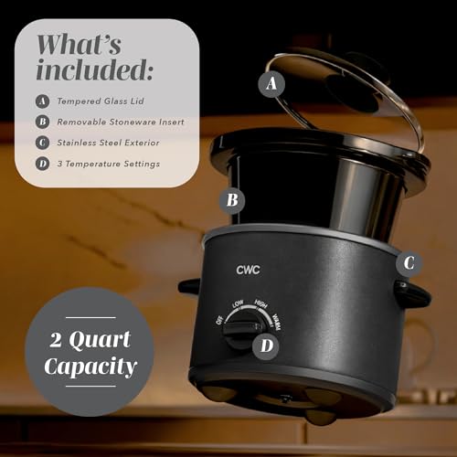 Image of COOK WITH COLOR 2QT Mini Electric Round Slow Cooker - Adjustable Settings, Removable Stoneware Pot, Tempered Glass Lid, Dishwasher Safe, Cool-Touch Side Handles, Black