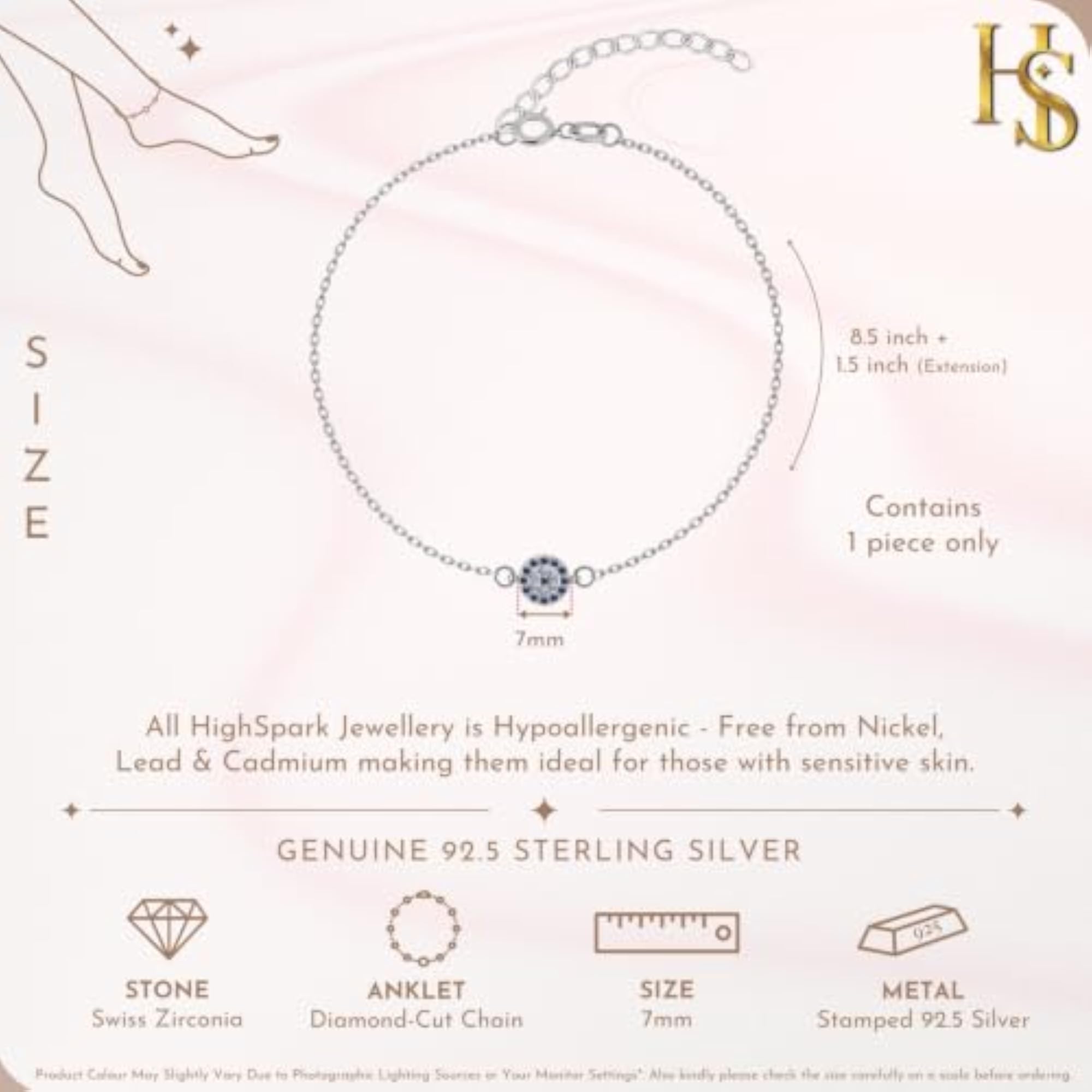 925 Silver Evil Eye Anklet, Protective Charm