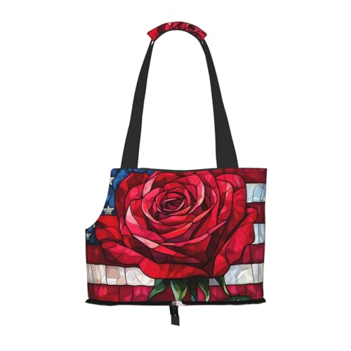 Stained Glass American Flag Red Rose Pet Sling Carrier for Small Dog Cats Puppy Portable Tote Bag Pouch for Outdoor Travel Hiking