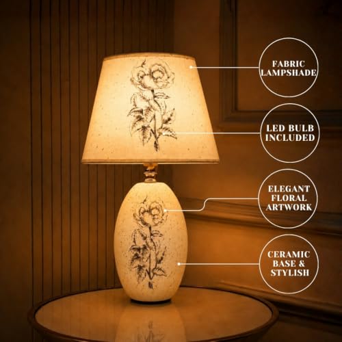 Image of ELARE Ceramic Base Floral Table Lamp with Fabric Shade, Rose Artwork Design, Includes LED Bulb, Inline Switch, Anti-Slip Base - 36cm
