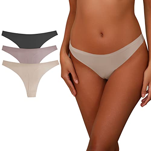 Girlpal Femme String Sexy Taille Basse Thong Respirant élastique Invisible Tanga Seamless Slips Confortable Culotte Chic Shorty T Back Lingerie Bikini Noir + Marron + Gris XL Cover