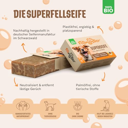 Fellmeister® Bio Hundeseife – 100% handgemachte Naturseife für Hunde – nachhaltige Fell- & Hautpflege mit Kokosöl, Sheabutter & Schwarzkümmelöl – palmölfrei & plastikfrei (1er Stück)