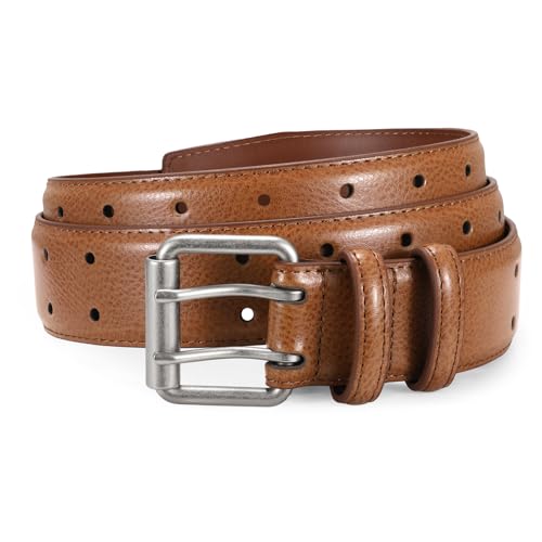 Image of JASGOOD Men Double Prong PU Leather Belt Casual Work Heavy Duty Belt Double Grommet Holes Belt for Jeans